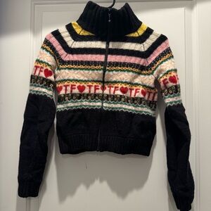Teddy Fresh Black Zip-Up Sweater with Multicolor Fair Isle Hearts